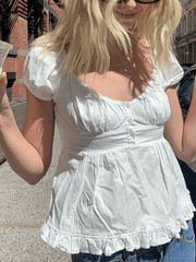 Puff Sleeve Buttoned Ruffle Blouse - HouseofHalley