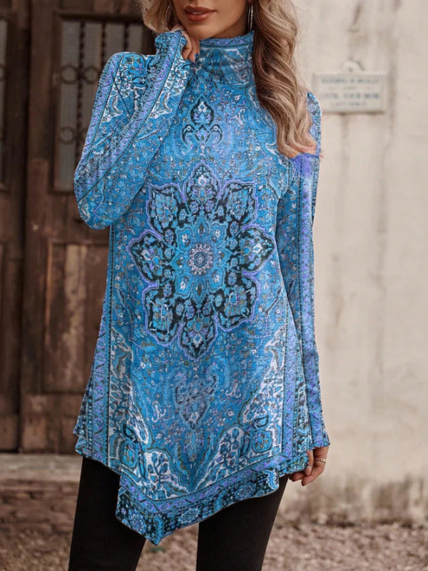 High collar bohemian print casual long sleeve Turtleneck Long Sweater T-shirt