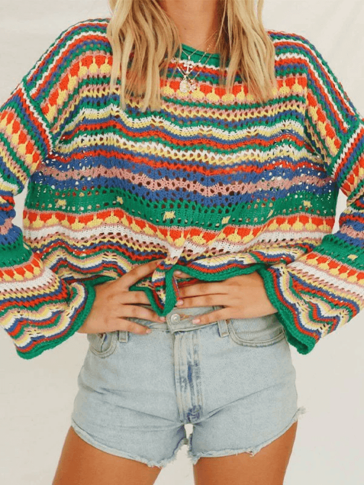 Rainbow Stripe Crochet Knit Sweater - HouseofHalley
