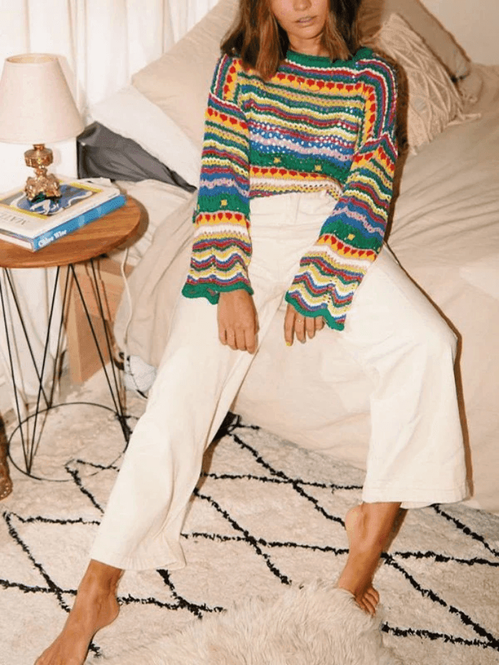 Rainbow Stripe Crochet Knit Sweater - HouseofHalley