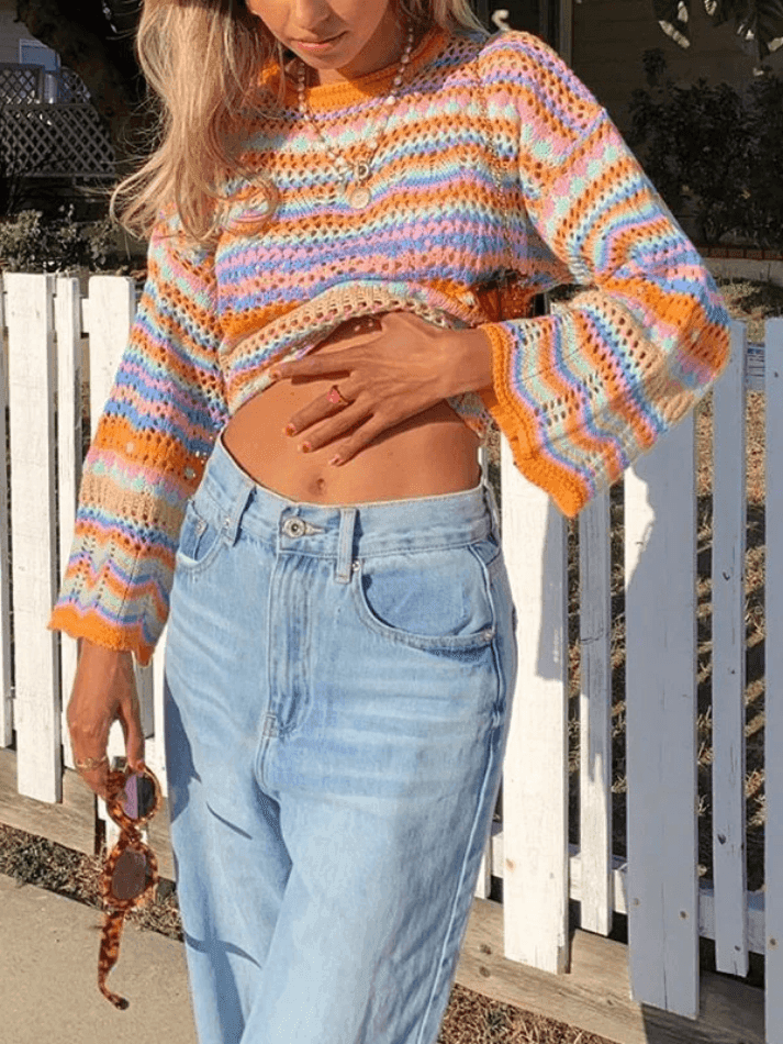 Rainbow Stripe Crochet Knit Sweater - HouseofHalley