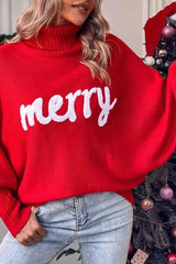 Merry Printed Dolman Sleeve Turtleneck Knitted Sweater