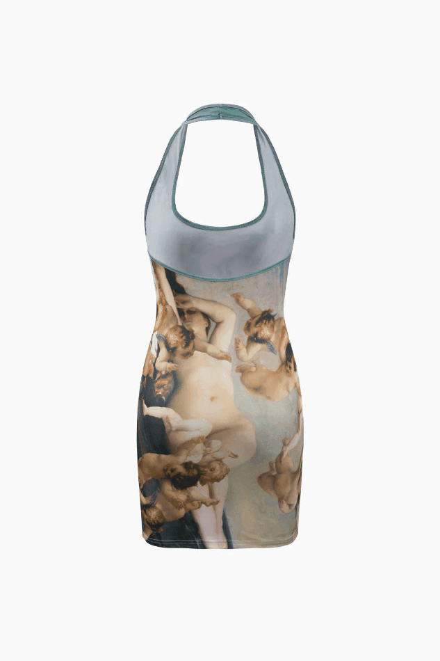 Renaissance Print Halter Bodycon Mini Dress - HouseofHalley