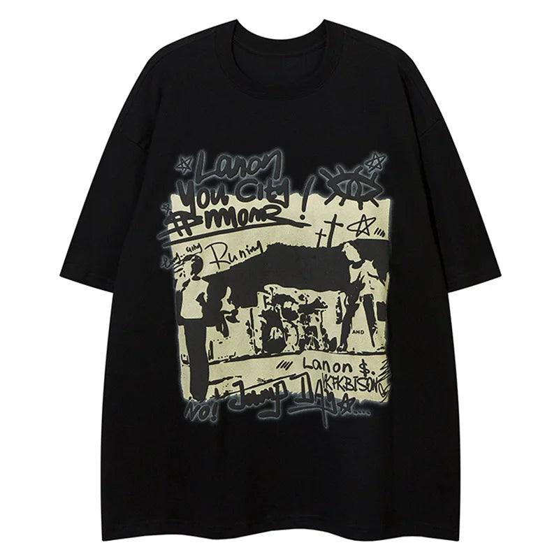 Retro American Graffiti Printed Oversized T-Shirt