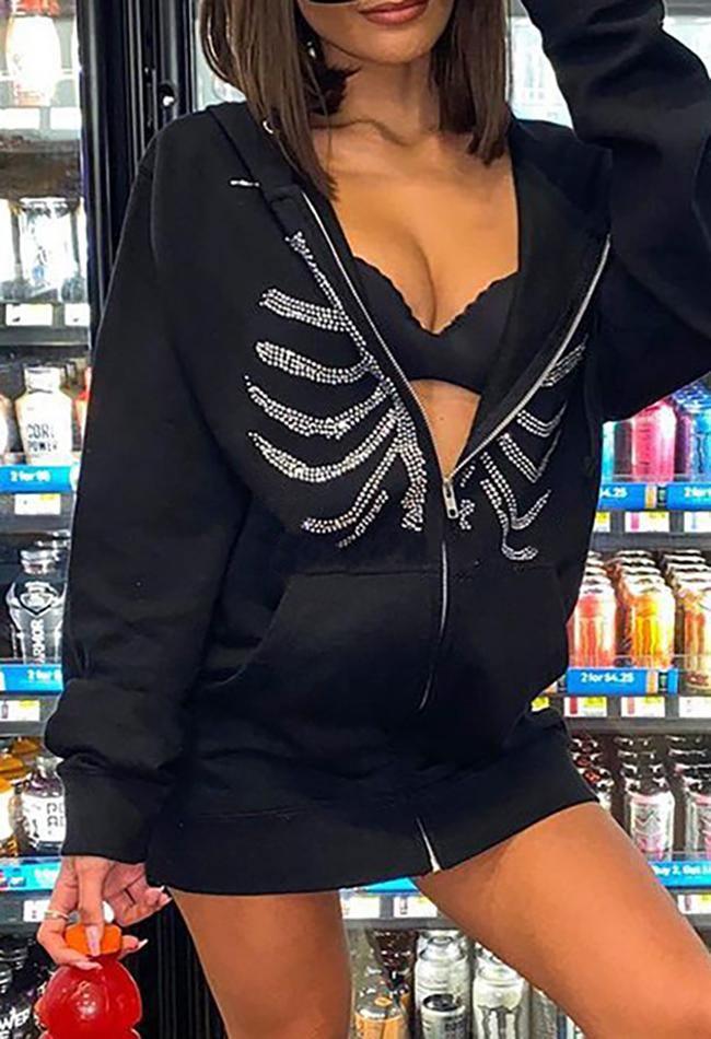 Rhinestone Skull Long Trendy Sleeve Crop Top