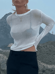 Semi Sheer Long Sleeve Rib Knit Top - HouseofHalley