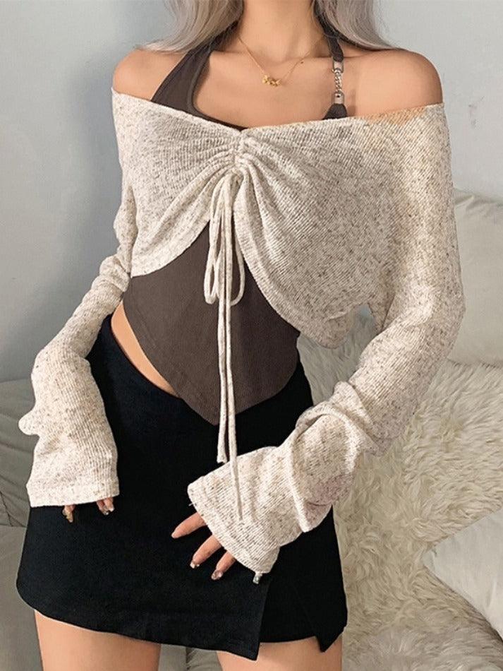 Short Lace Up V Neck Long Sleeve Knit - HouseofHalley