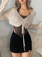 Short Lace Up V Neck Long Sleeve Knit - HouseofHalley