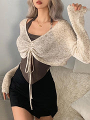 Short Lace Up V Neck Long Sleeve Knit - HouseofHalley