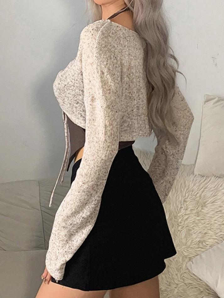 Short Lace Up V Neck Long Sleeve Knit - HouseofHalley