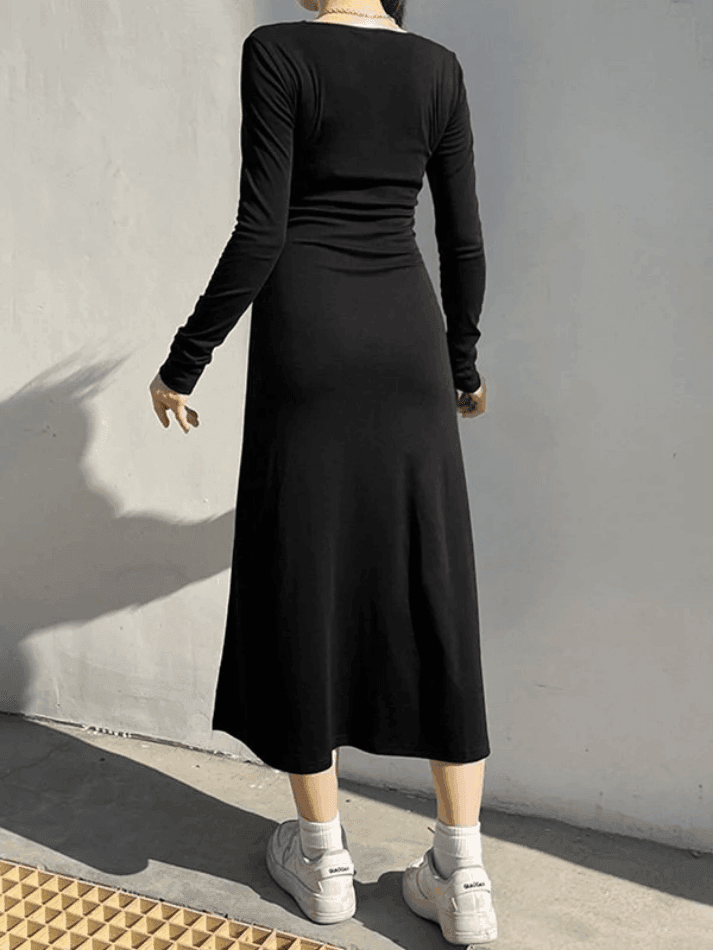 Slit Velvet Long Sleeve Black Maxi Dress