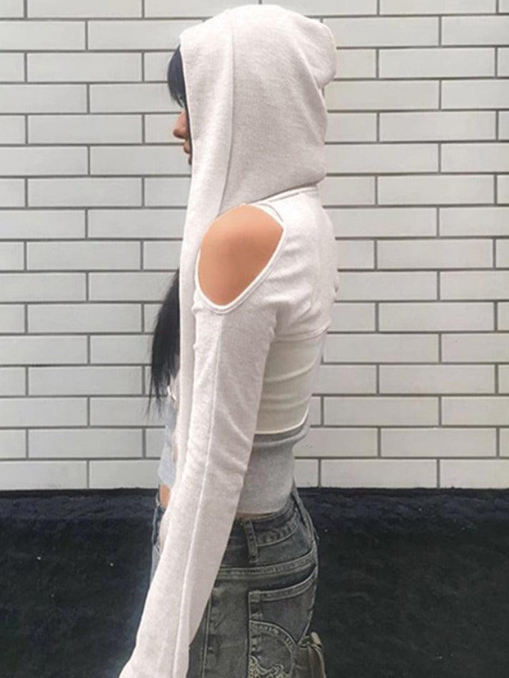 Solid Color Cutout Hooded Lacing Long Sleeve Tee - HouseofHalley