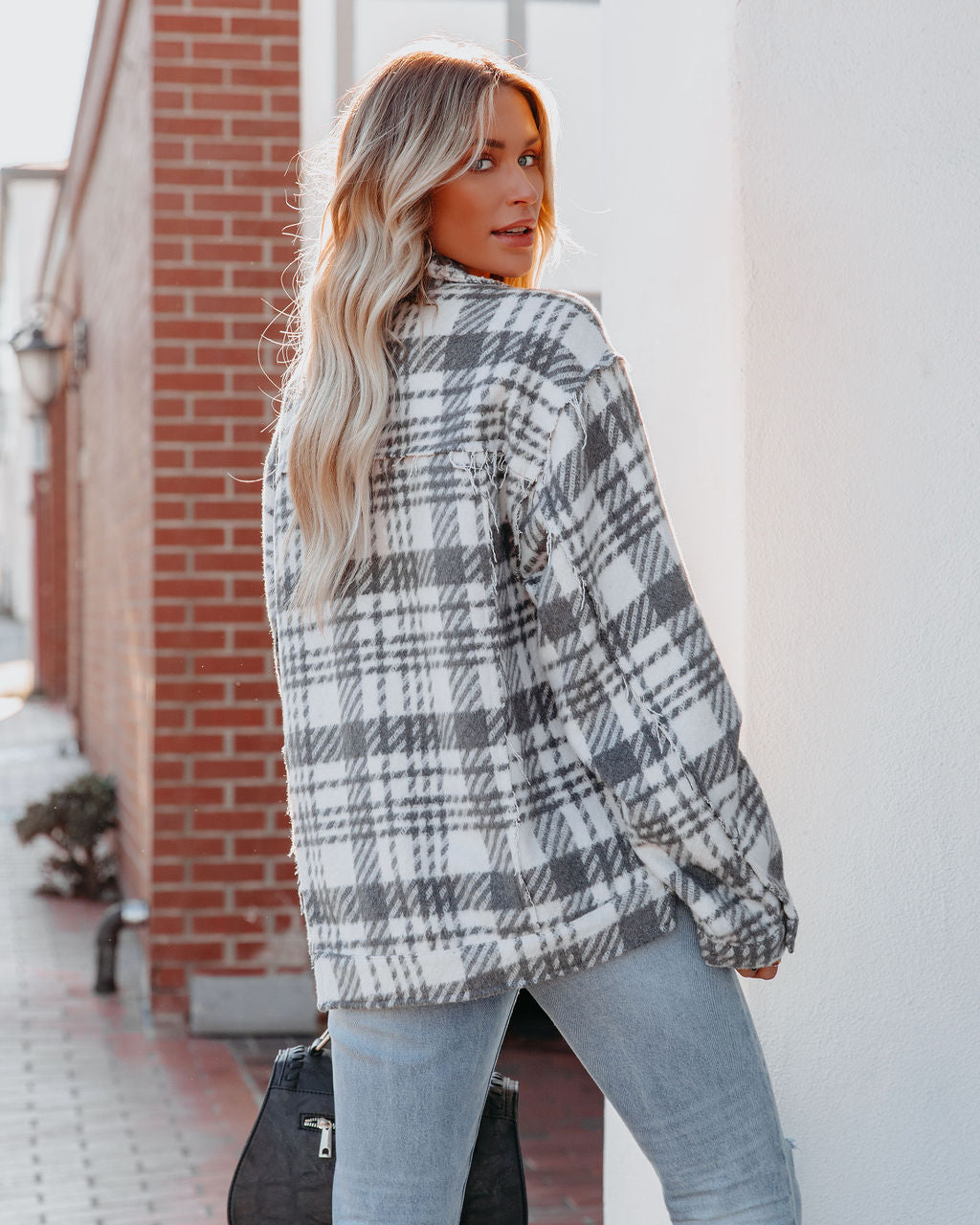 South Lake Frayed Plaid Shacket - Ivory