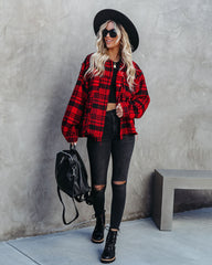 South Lake Frayed Plaid Shacket - Red