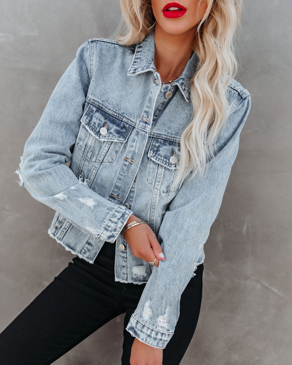 Speed Up Pocketed Distressed Denim Jacket