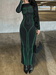 Spiral Line Print Long Sleeve Maxi Dress - HouseofHalley