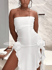 Split Ruffle Mesh Bandeau Maxi Dress - HouseofHalley