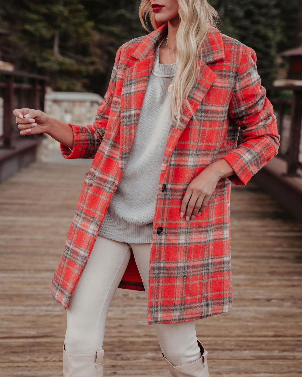 Stan Pocketed Plaid Coat - Coral