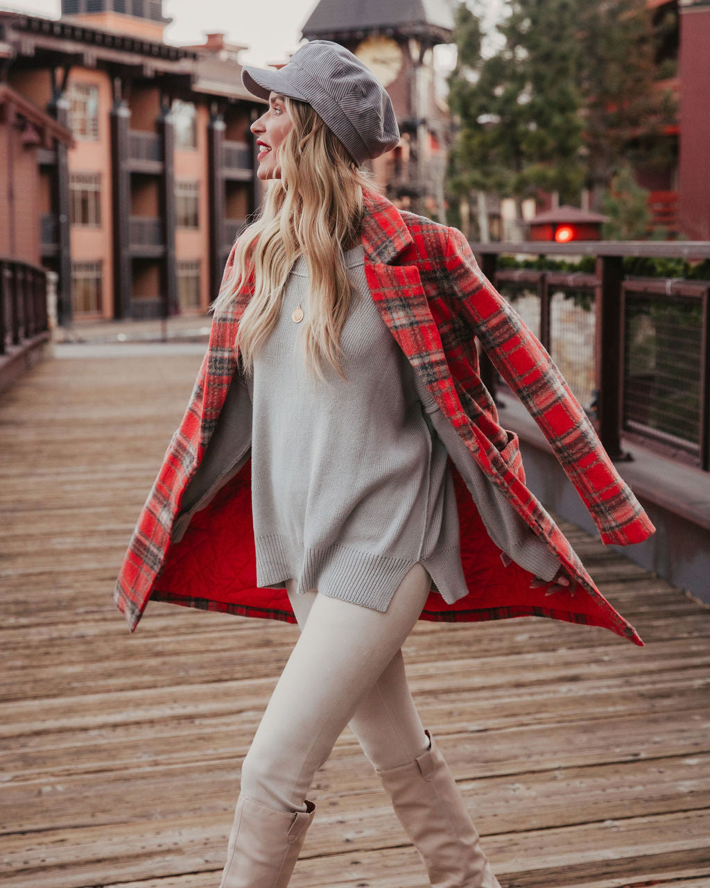 Stan Pocketed Plaid Coat - Coral