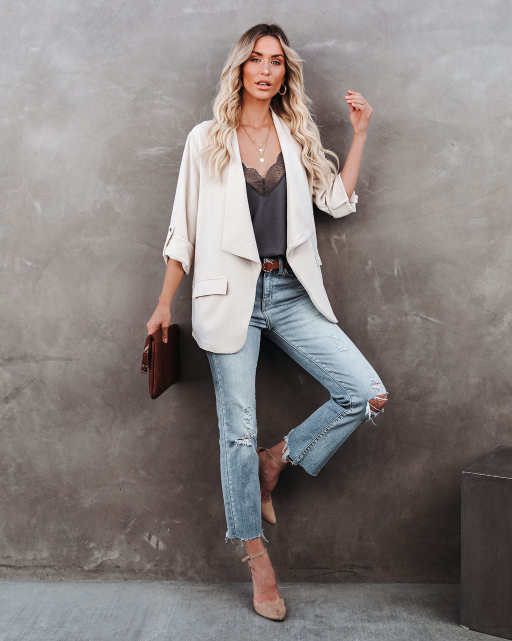 Streamline Pocketed Textured Blazer - Natural