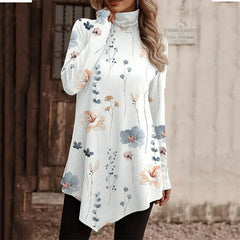 High collar bohemian print casual long sleeve Turtleneck Long Sweater T-shirt