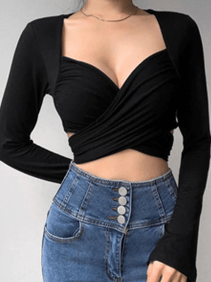 V Neck Bow Long Sleeve Tee - HouseofHalley