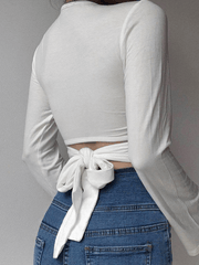 V Neck Bow Long Sleeve Tee - HouseofHalley