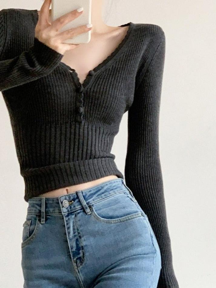 V Neck Button Up Ribbed Knit Top - HouseofHalley