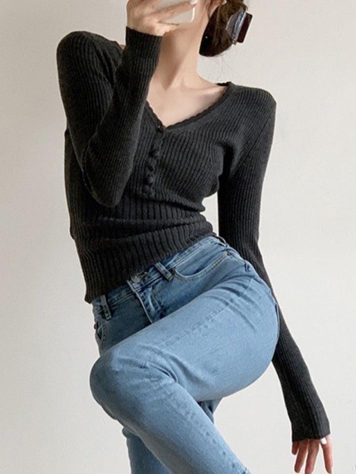 V Neck Button Up Ribbed Knit Top - HouseofHalley