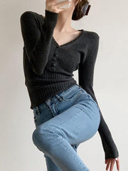V Neck Button Up Ribbed Knit Top - HouseofHalley