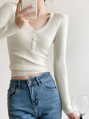 V Neck Button Up Ribbed Knit Top