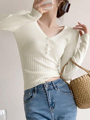 V Neck Button Up Ribbed Knit Top