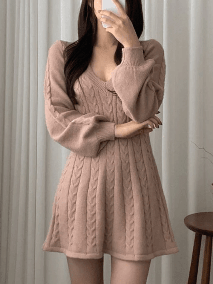 V Neck Cable Knit Long Sleeve Mini Dress