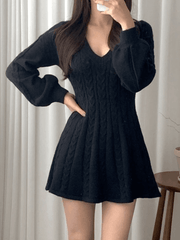 V Neck Cable Knit Long Sleeve Mini Dress - HouseofHalley