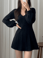 V Neck Cable Knit Long Sleeve Mini Dress - HouseofHalley