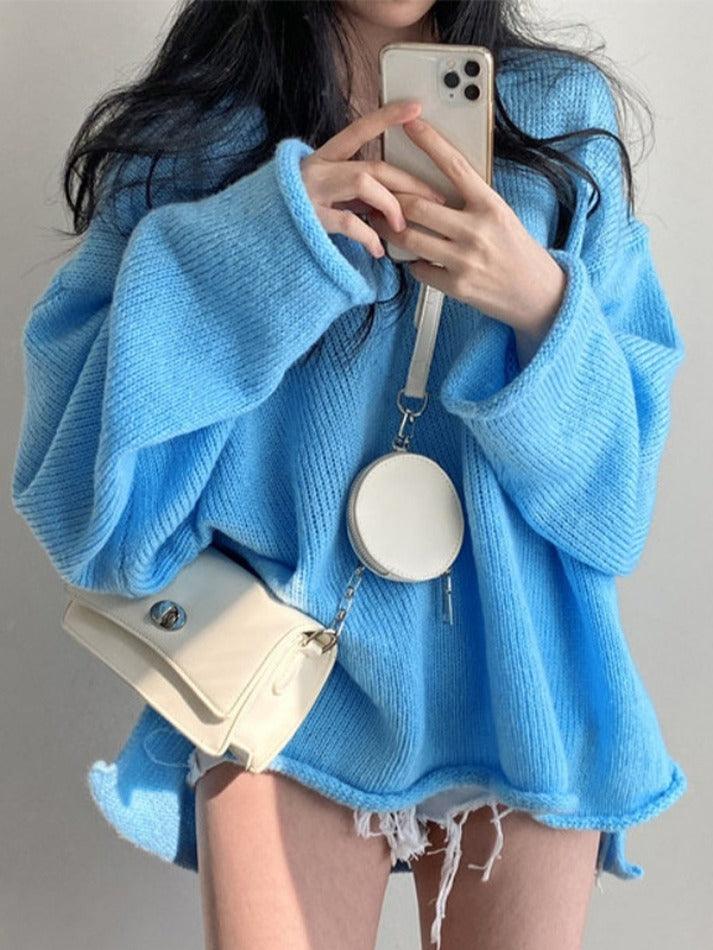 V Neck Rolled Hem Loose Sweater - HouseofHalley