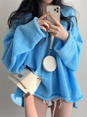 V Neck Rolled Hem Loose Sweater - HouseofHalley