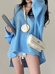 V Neck Rolled Hem Loose Sweater - HouseofHalley