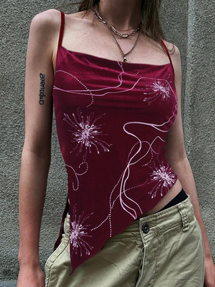 Velvet Print Asymmetric Slit Hem Cami Top - HouseofHalley