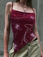 Velvet Print Asymmetric Slit Hem Cami Top - HouseofHalley