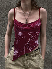 Velvet Print Asymmetric Slit Hem Cami Top - HouseofHalley