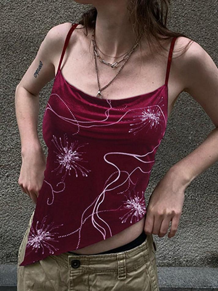 Velvet Print Asymmetric Slit Hem Cami Top - HouseofHalley