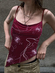 Velvet Print Asymmetric Slit Hem Cami Top - HouseofHalley