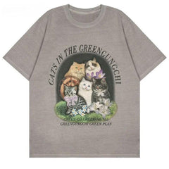 Vintage Cat Family Printed T-Shirt
