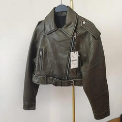 Vintage Leather Jacket Zipper Belt Biker