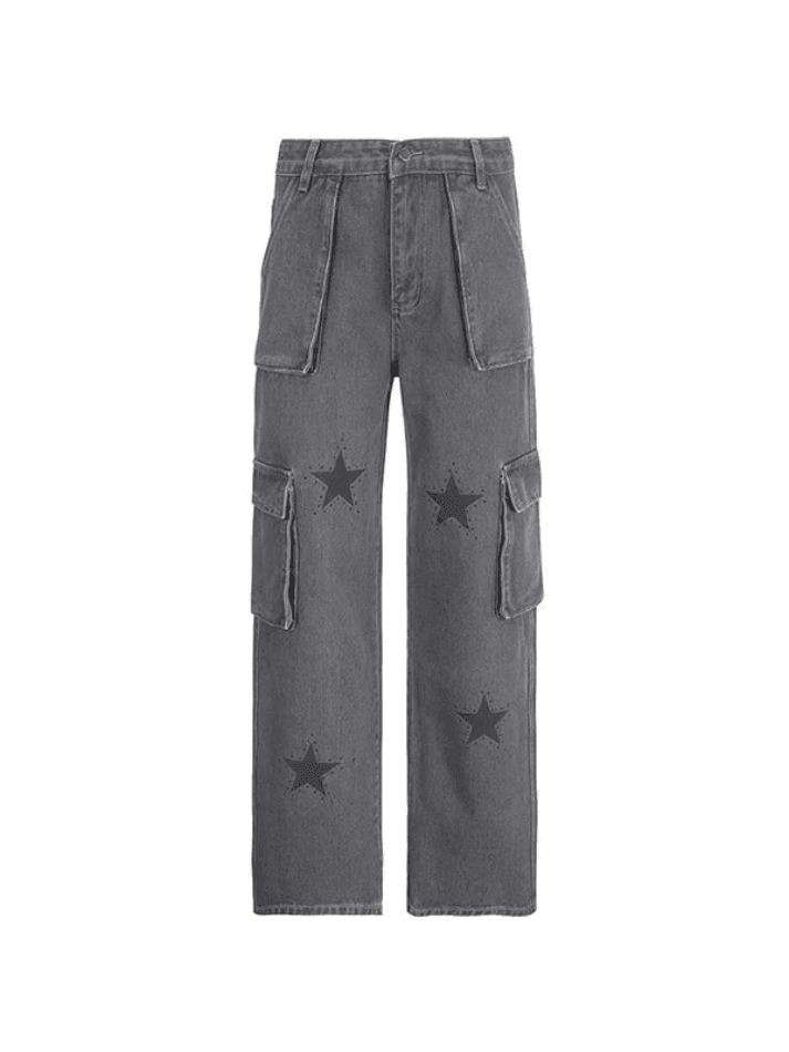 Vintage Star Print Boyfriend Fit Cargo Jeans