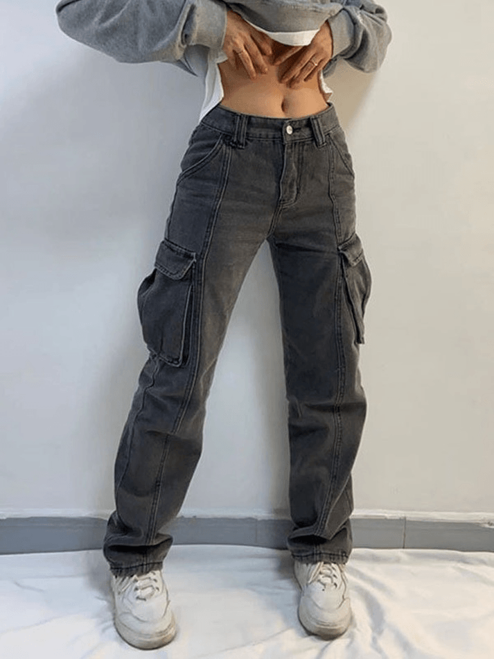 Washed Mid Waist Pocket Cargo Jeans - HouseofHalley