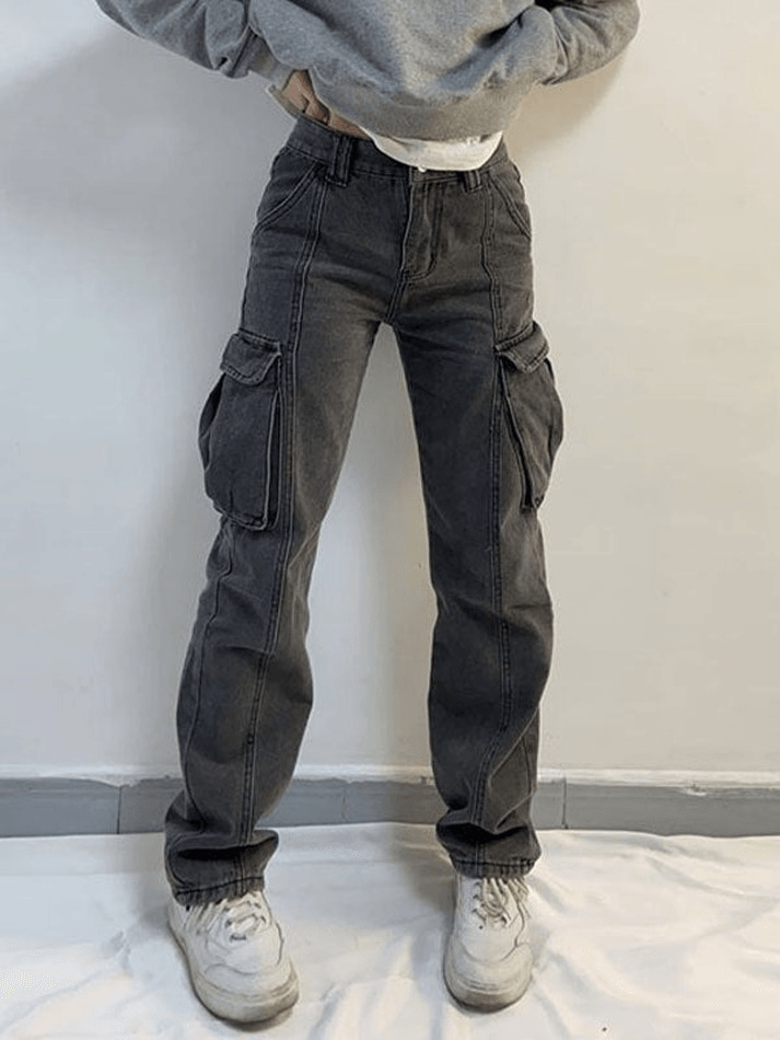 Washed Mid Waist Pocket Cargo Jeans - HouseofHalley