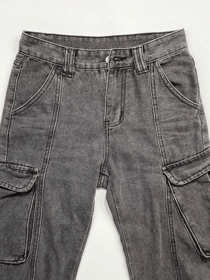 Washed Mid Waist Pocket Cargo Jeans