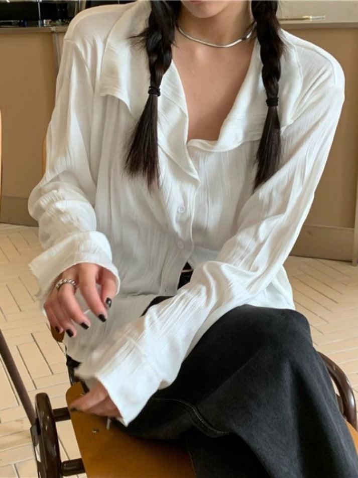 White Wrinkled Textured Baggy Long Sleeve Blouse - HouseofHalley